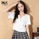 t恤女2026夏季 新款 修身 班尼路S&K白色小v领短袖 小个子短款 上衣H