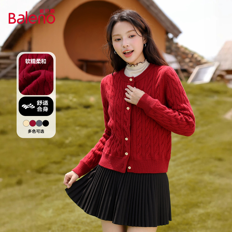 班尼路红色针织开衫外套女2025秋冬新款加厚保暖小个子绞花毛衫Q