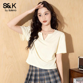 t恤女修身 2026夏季 新款 班尼路S&K黄色v领短袖 小个子正肩短款 上衣H