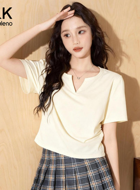 班尼路S&K黄色v领短袖t恤女修身2026夏季新款小个子正肩短款上衣H