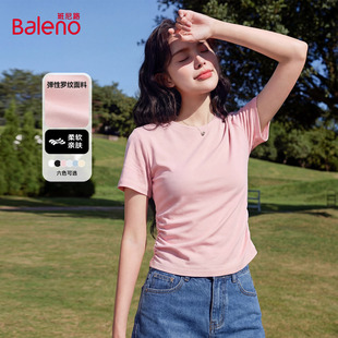半袖 班尼路圆领正肩短袖 显瘦短款 抽褶收腰修身 上衣N T恤女春夏新款