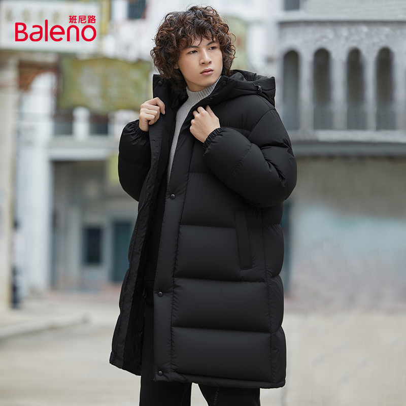Baleno班尼路男装长款连帽羽绒外套冬季情侣长款防寒保暖羽绒服D