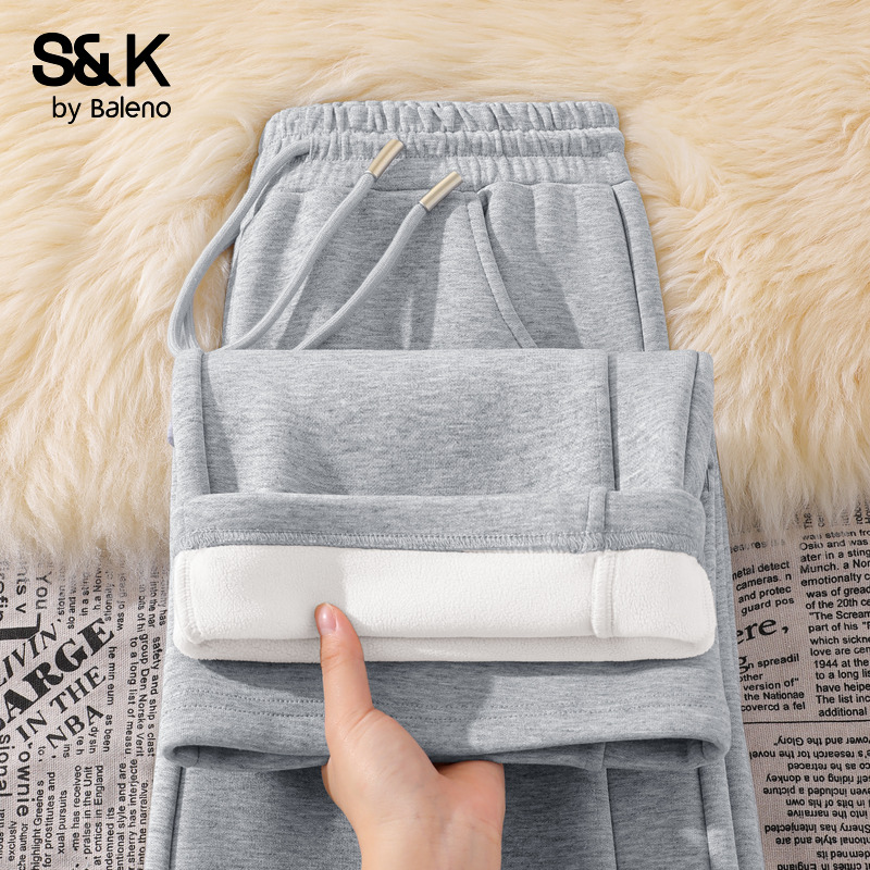 班尼路S&K系列灰色加绒直筒阔腿裤女2025冬季新款小个子休闲裤子H