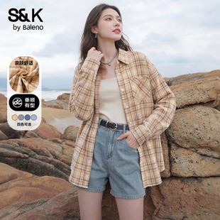 班尼路S&K复古淡黄色格子衬衫女2026春夏新款宽松上衣衬衣外套H