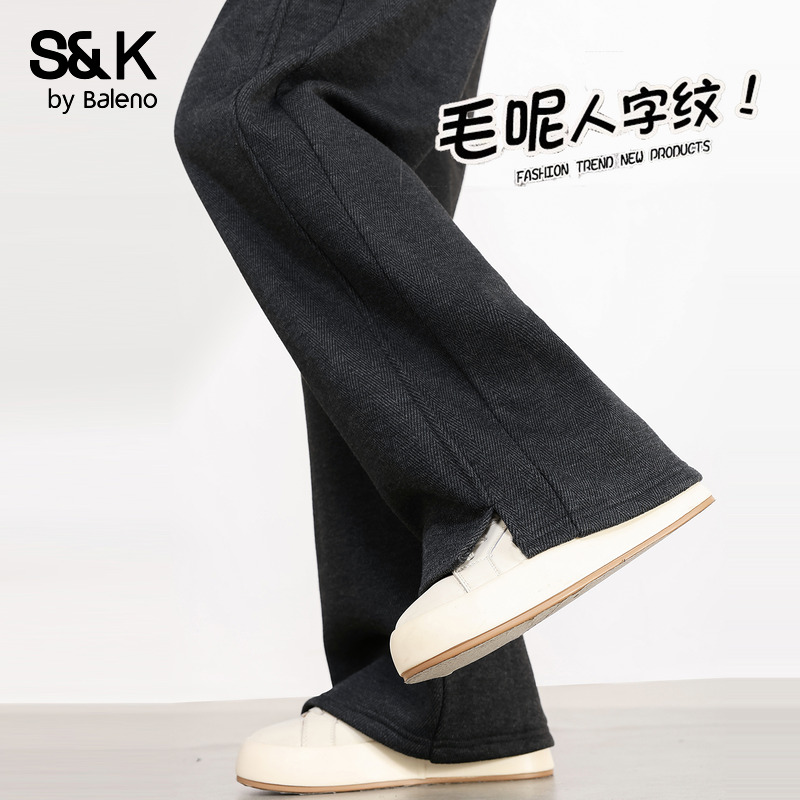 班尼路S&K系列黑色加绒人字纹裤