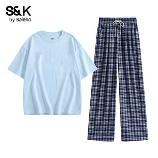 班尼路S&K系列蓝色短袖格子裤套装女2026夏季新款ootd穿搭一整套H