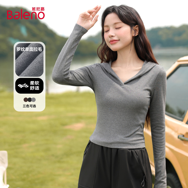 班尼路灰色连帽打底衫女长袖T恤