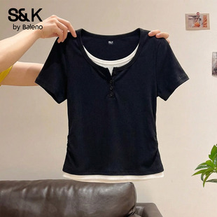 班尼路S&K系列黑色假两件短袖t恤女款2026春夏新款修身显瘦上衣H