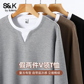 T恤男春季 美式 潮流V领高级男士 班尼路S&K华夫格假两件长袖 打底衫