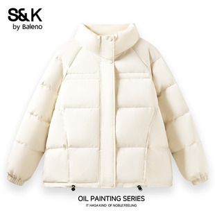 班尼路S&K系列白色立领羽绒服女2025冬新款韩版小个子百搭短棉服N