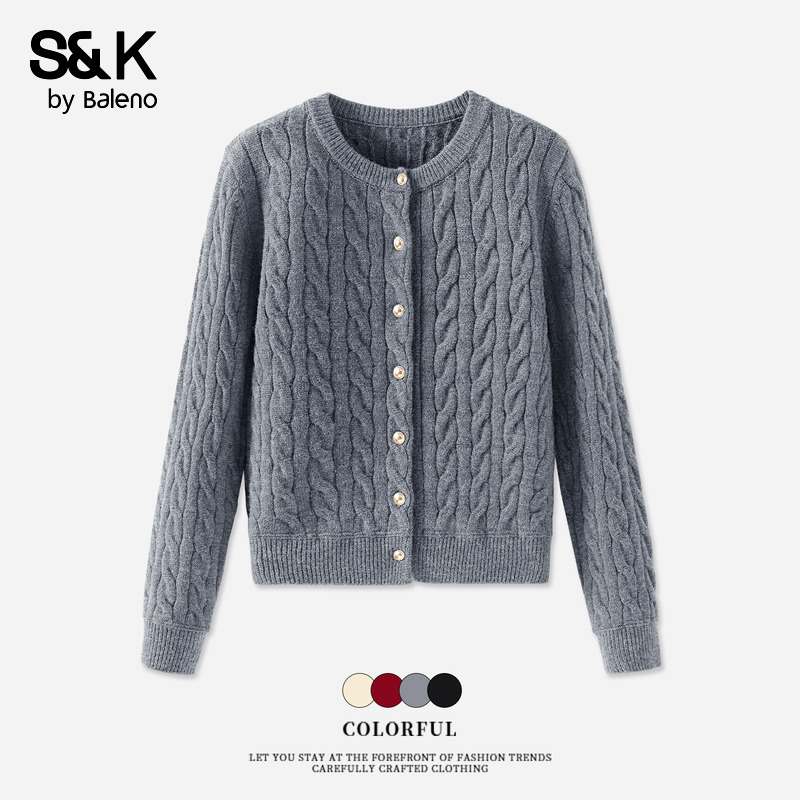 班尼路S&K系列灰色针织开衫上衣女2025秋季新款早秋麻花毛衣外套H