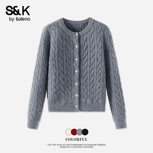 早春麻花毛衣外套H 新款 班尼路S&K系列灰色针织开衫 上衣女2026春季