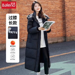 班尼路长款棉服女2024冬季新款连帽黑色棉衣防风过膝保暖外套女J