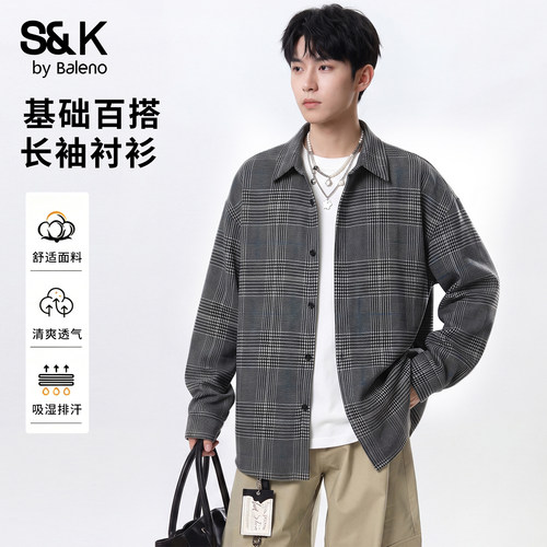 班尼路SK秋季复古千鸟格长袖衬衫