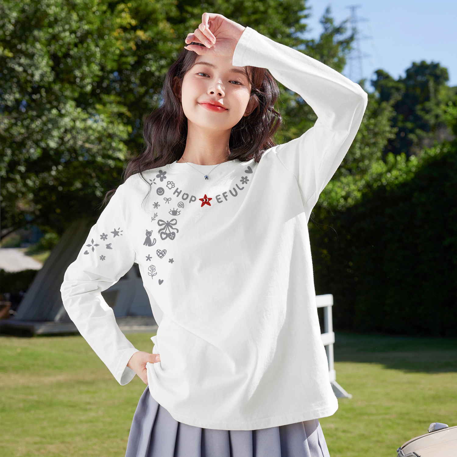 班尼路白色纯棉长袖t恤女上衣