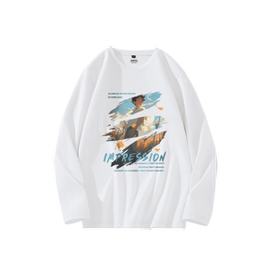 班尼路白色长袖t恤男款重磅纯棉打底衫青少年春秋季痞帅圆领内搭A