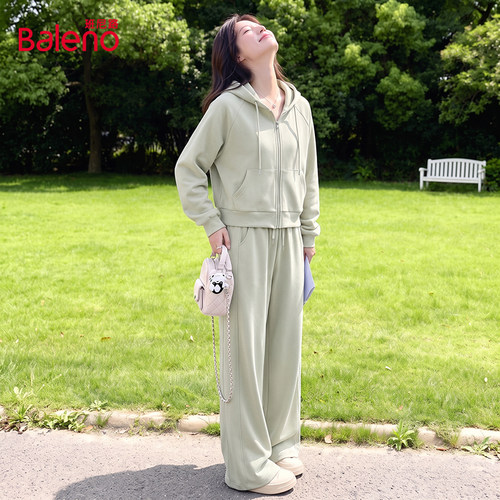 班尼路休闲运动套装女2026早秋短款开衫拼接长裤慵懒穿搭一整套M