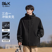 班尼路三合一冲锋夹克外套男士 秋冬2026新款 加厚保暖登山防风衣E