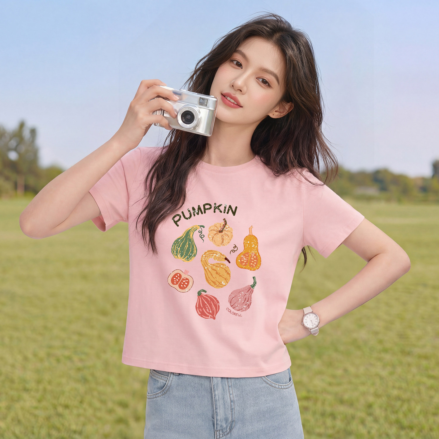班尼路粉色纯棉短款短袖t恤女款图片