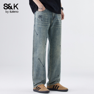 复古刺绣牛仔裤 直筒宽松长裤 男士 2026新款 潮牌YS 夏季 班尼路SK美式