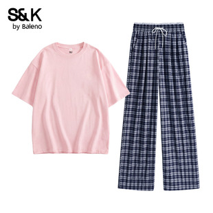 班尼路S&K粉色t恤格子阔腿裤套装女夏2026新款松弛感穿搭两件套H