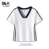 美式 班尼路S&K系列蓝白撞色V领修身 上衣H 2026夏季 新款 短袖 t恤女款