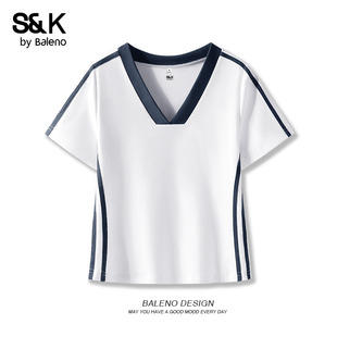 班尼路S&K系列蓝白撞色V领修身短袖t恤女款2026夏季新款美式上衣H