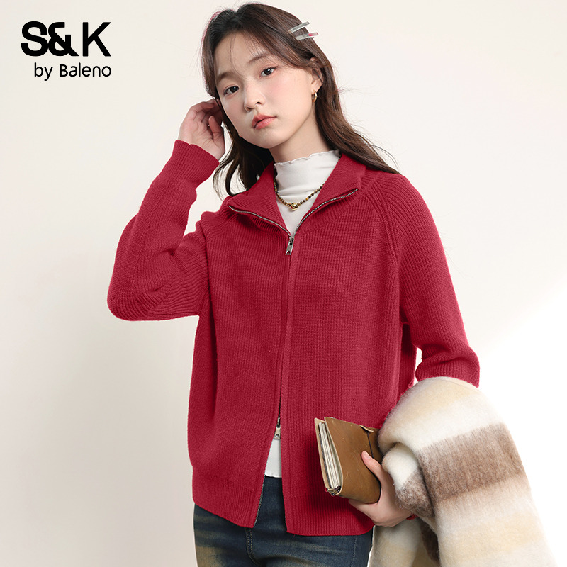 班尼路S&K系列红色开衫立领毛衣外套女2025冬季新款巨好看上衣H