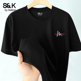 正肩短袖 班尼路S&K系列肌理感宽松t恤男夏季 黑色华夫格圆领半袖