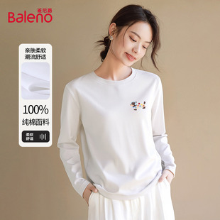 班尼路白色纯棉打底衫女秋冬季2025新款别致上衣小狗印花长袖t恤H