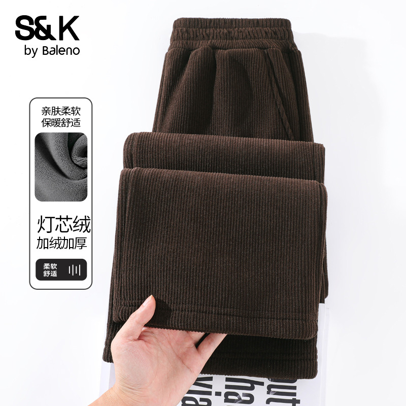 班尼路加绒咖色灯芯绒直筒裤女