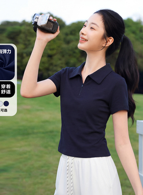 班尼路藏蓝色Polo衫短袖T恤女2026新款夏季收腰显瘦休闲运动上衣N