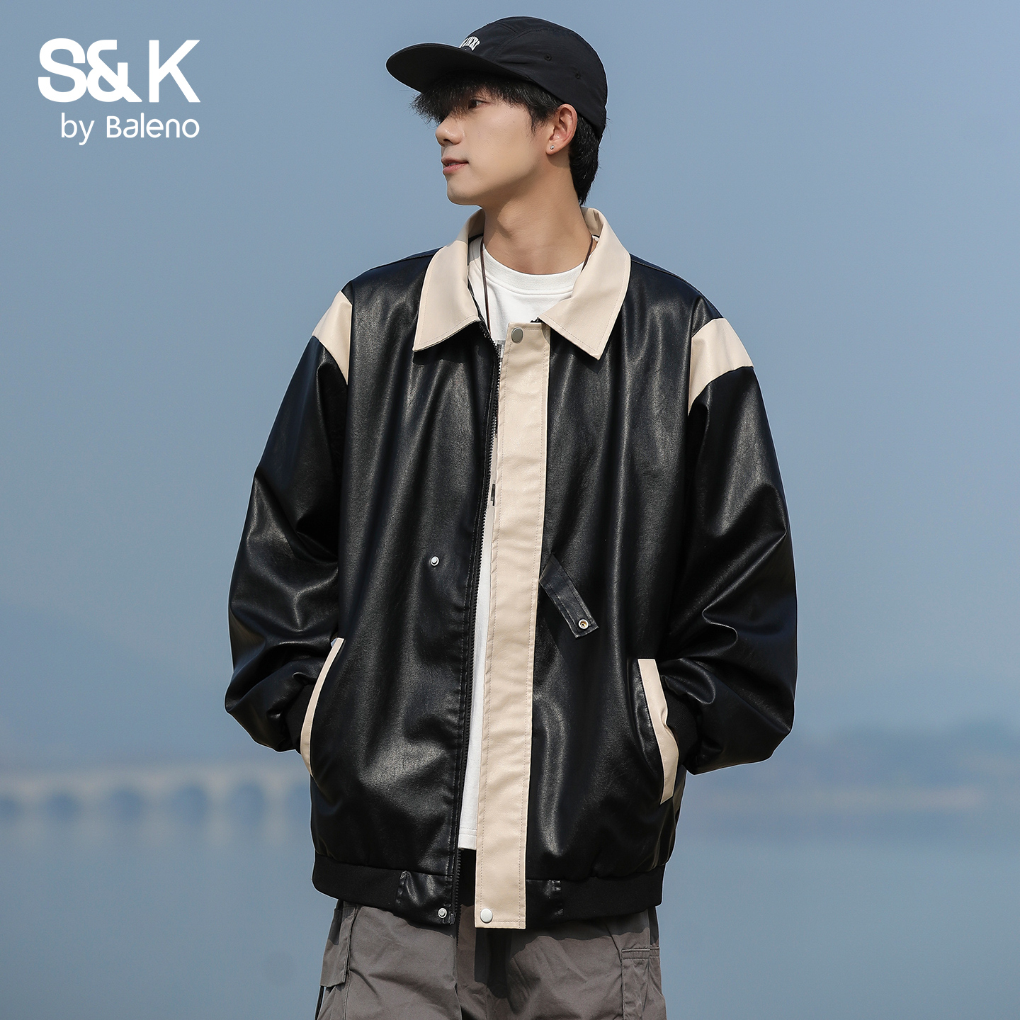 班尼路SK美式潮牌翻领皮衣夹克男