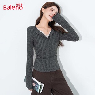 t恤J 女春秋优雅淑女蕾丝拼接长袖 班尼路修身 显瘦假两件针织打底衫