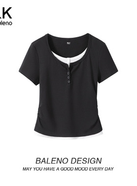 班尼路S&K黑色假两件短袖t恤女2026春夏新款修身设计感短款上衣H