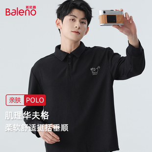 翻领体恤男士 青少年小猫标长袖 痞帅上衣A 男春季 班尼路黑色polo衫