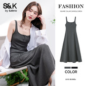 户外穿搭法式 班尼路S&K系列深灰色方领吊带连衣裙夏季 新款 长裙女N