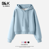 班尼路S&K系列蓝色加绒卫衣女秋冬新款 奥粒绒加厚连帽外套上衣女Q