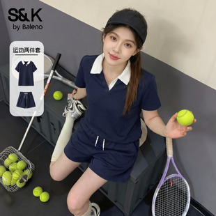 班尼路S&K撞色POLO衫T恤运动套装女夏季新款户外跑步打球两件装Q