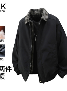 班尼路美式复古假两件翻领夹克男加厚保暖棉服黑色潮流棉衣外套E