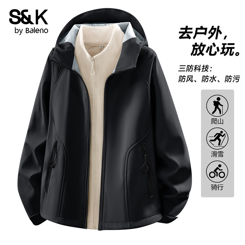 班尼路S&K系列黑色三防连帽夹克女款秋冬立领冲锋衣内胆修身外套N