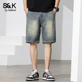 班尼路SK复古牛仔短裤 子YS 直筒宽松潮牌休闲水洗五分裤 男夏季 薄款