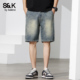 班尼路SK复古牛仔短裤 子YS 直筒宽松潮牌休闲水洗五分裤 男夏季 薄款