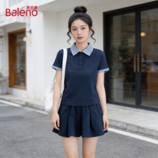 休闲套装 上衣配高腰纯色阔脚短裤 女J 短袖 班尼路Polo领格纹修身
