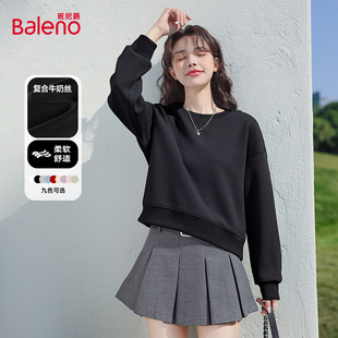 班尼路黑色圆领卫衣女2026春季新款小个子短款宽松休闲百搭上衣M