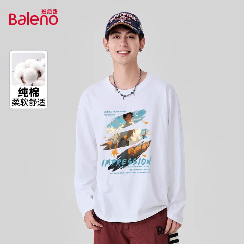 班尼路白色长袖t恤男款重磅纯棉