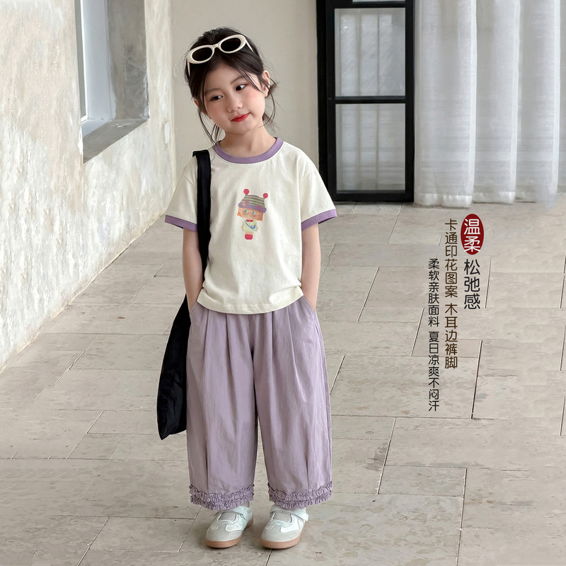女童套装夏装2026新款超火儿童夏季短袖T恤女宝薄款宽松花边裤子图片