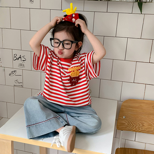 女童短袖T恤夏装2026新款韩版儿童夏季条纹上衣女宝宝夏天打底衫
