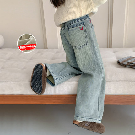 女童加绒裤子秋冬款2025新款儿童冬装加厚一体绒牛仔裤阔腿休闲裤