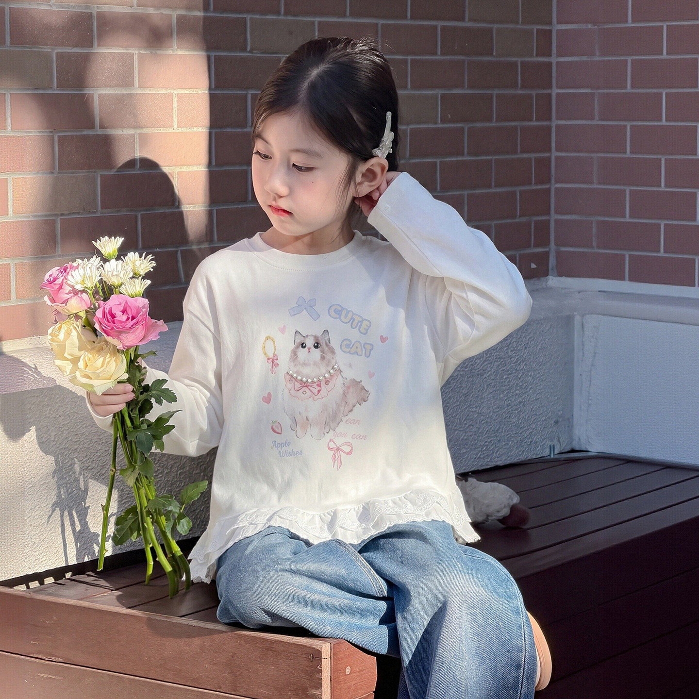 女童长袖T恤秋装2026新款甜美女孩秋季猫咪钉珠上衣儿童装打底衫